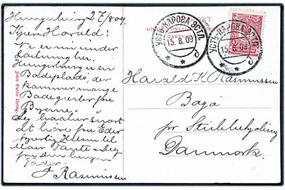 4 kop. Våben på brevkort dateret i Hungerburg og annulleret Ust Narova Estl. d. 15.8.1909 til Bogø pr. Stubbekøbing, Danmark.