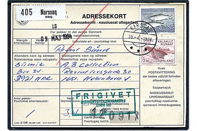 2 kr. 1000 års udg. og 50 kr. Skællaks på adressekort for pakke fra Nassaq d. 30.4.1984 til København.