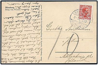 10 øre Chr. X på underfrankeret brevkort skrevet ombord på færgen mellem Warnemünde og Gedser og annulleret bureau Kjøbenhavn - Warnemünde T.92 d. 3.7.1920 til Aalestrup. Udtakseret i 10 øre porto da landsporto taksten for brevkort steg fra 10 til 15 øre pr. 1.7.1920.