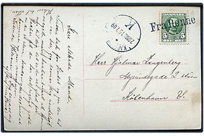 5 øre Fr. VIII på brevkort annulleret med skibsstempel Fra Rønne og sidestemplet Kjøbenhavn d. 15.7.1909 til København.