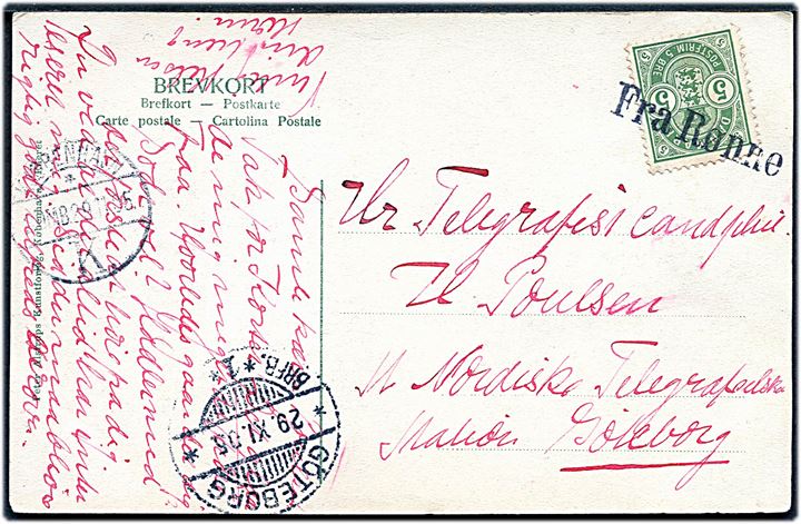 5 øre Våben på brevkort (Danske Nationaldragter: Færøerne) annulleret med skibsstempel Fra Rønne og sidestemplet Kjøbenhavn d. 29.11.1905 til Göteborg, Sverige.