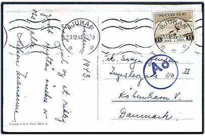 15 øre Turist udg. på julekort fra Rjukan d. 23.12.1943 til København, Danmark. Passér stemplet Ao ved den tyske censur i Oslo.
