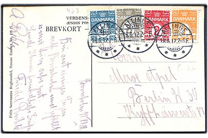1 øre, 2 øre, 3 øre og 4 øre Bølgelinie på 4-farve frankeret brevkort fra Allinge d. 18.6.1912 til Berlin, Tyskland.