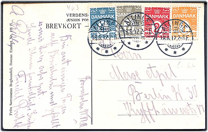 1 øre, 2 øre, 3 øre og 4 øre Bølgelinie på 4-farve frankeret brevkort fra Allinge d. 18.6.1912 til Berlin, Tyskland.