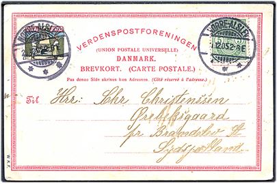 5 øre Våben på Julemærke helsagskort 1905 dateret i Vaalse og annulleret Nørre-Alslev d. 21.12.1905 til Brandelev, Sydsjælland.