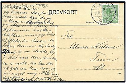 5 øre Chr. X på brevkort (Partier fra Farre) annulleret med reserve bureaustempel Nørrejyllands- JB. PKT. T.188 d. 24.8.1916 til Tim. Reservestempel (R3) benyttet på strækningen Vejle - Herning i perioden 1914-1919.
