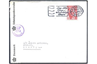 20+5 øre Børneforsorg på brev fra København d. 14.8.1945 til Svedala, Sverige. Åbnet af dansk efterkrigscensur (krone)/474/Danmark.