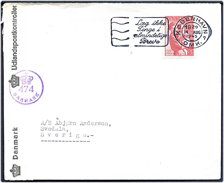 20+5 øre Børneforsorg på brev fra København d. 14.8.1945 til Svedala, Sverige. Åbnet af dansk efterkrigscensur (krone)/474/Danmark.