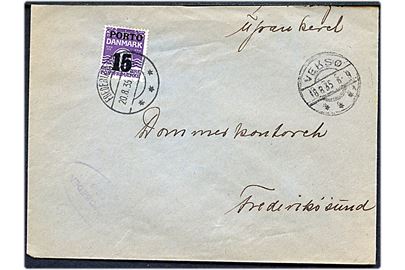 Ufrankeret svarbrev fra Veksø d. 18.8.1935 til Dommerkontoret i Frederikssund. Udtakseret i enkeltporto med 15/12 øre Porto-provisorium stemplet Frederikssund d. 20.8.1935. Afkortet i toppen.