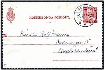 30/25 øre provisorisk helsags korrespondancekort fra Hammel d. 20.2.1953 til Charlottenlund.