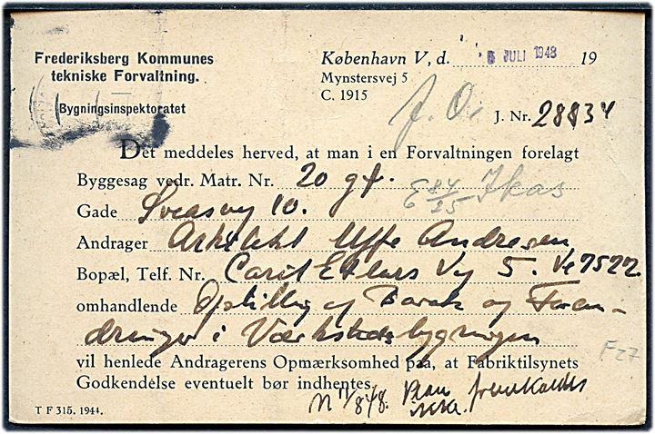 10 øre Chr. X med perfin FK. fra Frederiksberg Kommunes tekniske Forvaltning sendt lokalt i København d. 5.7.1948.
