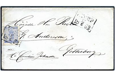 12 öre Våben på brev annulleret med rammestempel Åtorp d. 17.6.1862 til Göteborg.