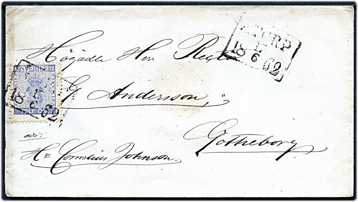 12 öre Våben på brev annulleret med rammestempel Åtorp d. 17.6.1862 til Göteborg.