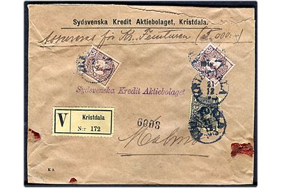 30 öre (2) og 1 kr. Gustaf på værdibrev fra Kristdala d. 21.12.1915 til Malmö.