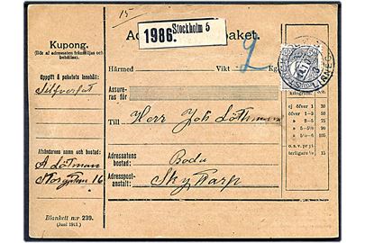 50 öre Gustaf single på adressekort for pakke fra Stockholm d. 14.10.1912 til Skyttorp.