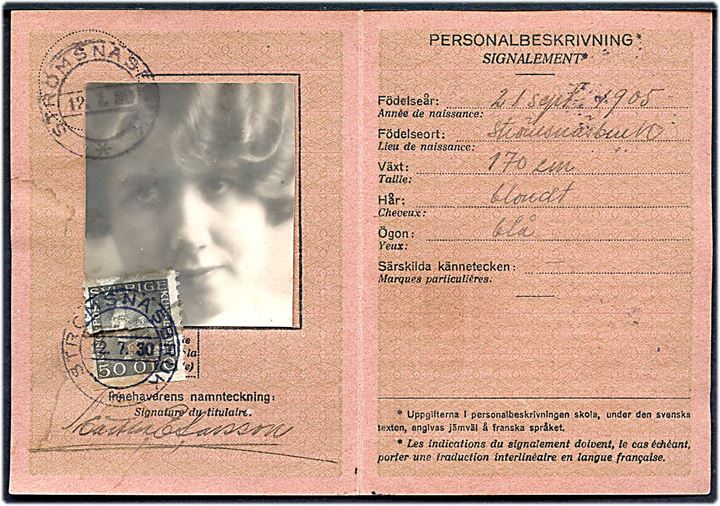 50 öre Gustaf (defekt) på Post-identitetskort med foto udstedt i Strömsnäsbruk d. 12.7.1930.