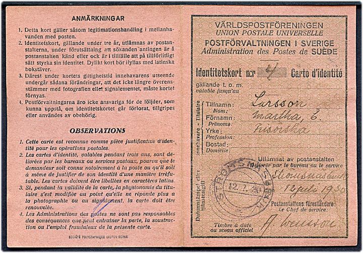 50 öre Gustaf (defekt) på Post-identitetskort med foto udstedt i Strömsnäsbruk d. 12.7.1930.