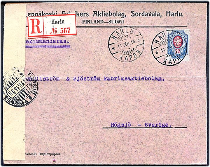 Russisk 20 kop. Våben single på anbefalet brev fra Harlu i Finland d. 11.12.1914 til Högsjö, Sverige. Åbnet af russisk censur i Torneå.