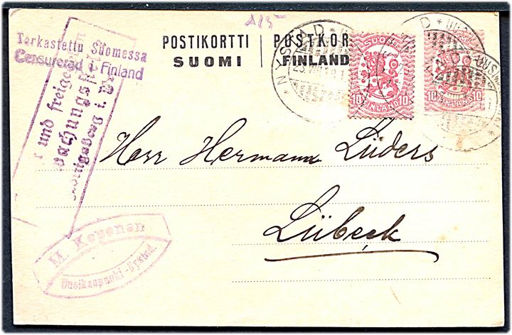 10 pen. helsagsbrevkort opfrankeret med 10 pen. Løve fra Nystad d. 23.8.1918 til Lübeck, Tyskland. Både finsk 2-sproget borgerkrigscensur og tysk censur fra Königsberg.