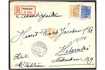 20 pen. og 25 pen. Våben på anbefalet brev fra Hankasalmi d. 29.10.1897 til Helsinki.