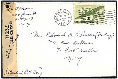 8 cents Transport på luftpostbrev fra Brooklyn d. 8.6.1945 til sømand (norsk?) ombord på tankskibet M/S Esso Balboa c/o Postmaster New York. Åbnet af amerikansk censur no. 11252.