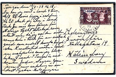15 cts/1½d Morocco provisorium på brevkort fra British Post Office Tangier d. 19.4.1938 til Hälsingborg, Sverige.