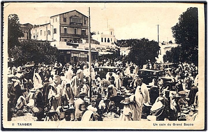15 cts/1½d Morocco provisorium på brevkort fra British Post Office Tangier d. 19.4.1938 til Hälsingborg, Sverige.