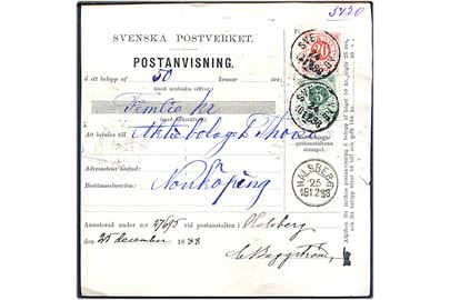 5 öre og 20 öre Ringtype med posthorn på postanvisning fra Svennevad d. 24.12.1888 via Halsberg til Norrköping.
