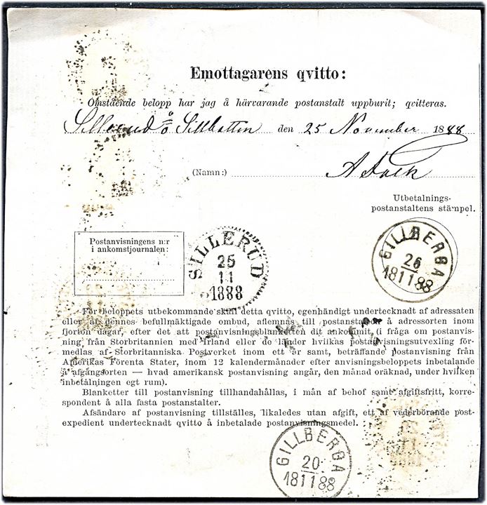 5 öre og 20 öre Ringtype med posthorn på postanvisning fra Göteborg-Filial d. 20.11.1888 via Gillberga til Sillerud.