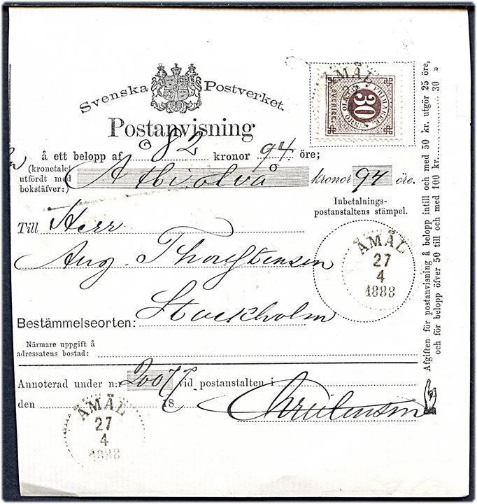 30 öre Ringtype med posthorn på postanvisning fra Åmål d. 27.4.1888 til Stockholm.