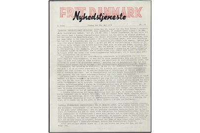 Frit Danmark - Nyhedstjeneste. 1. Aargang nr. 33 d. 24.5.1944. Illegalt blad på 2 sider.