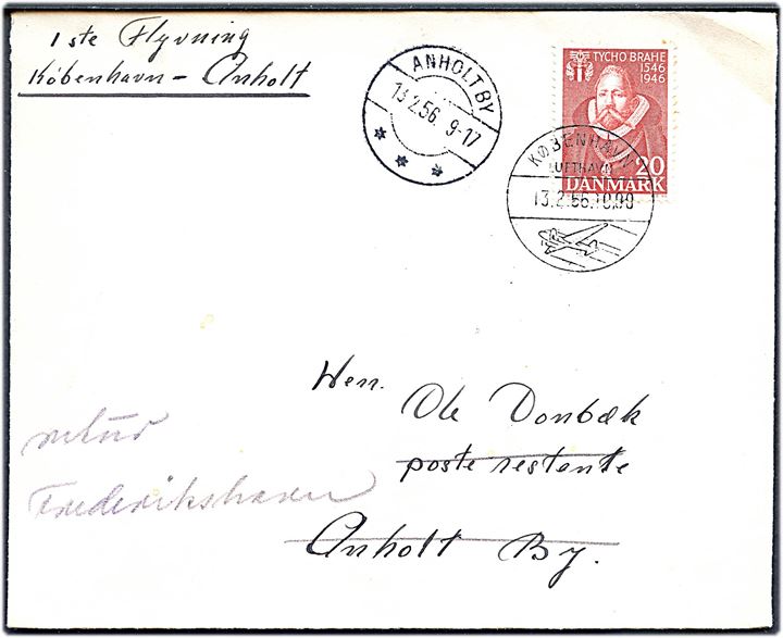 20 øre Tycho Brahe på filatelistisk is-luftpost brev fra København Lufthavn d. 13.2.1956 til Anholt by. Ank.stemplet brotype IIc Anholt By d. 13.2.1956.