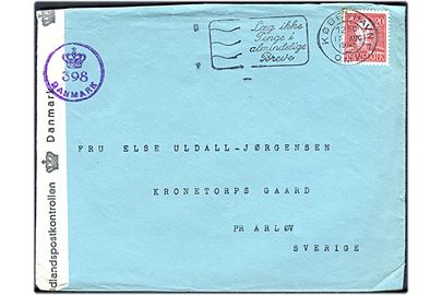 20 øre Chr. X på brev fra København d. 17.8.1945 til Arløv, Sverige. Åbnet af efterkrigscensur (krone)/398/Danmark.