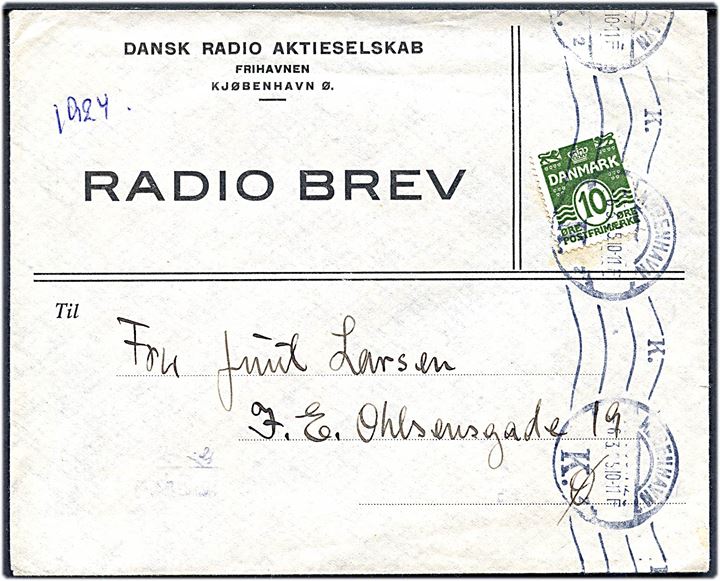 10 øre Bølgelinie på Dansk Radio Aktieselskab Radiobrev sendt lokalt i København d. 6.3.1924. Uden indhold.