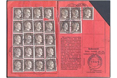Postsparkarte med 10 pfg. Hitler (30) stemplet i både Mainz og Sorgenloch 1943. Forstærket med tape.