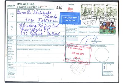 200 øre Børnetegning og 8 kr. Landpost (3) på internationalt adressekort for luftpostpakke annulleret med pr.-stempel Sumbø pr. Vagur d. 20.12.1979 til Keflavik, Island.