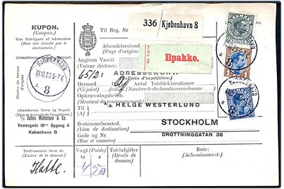 40 øre, 1 kr. og 2 kr. Chr. X på 340 øre frankeret internationalt adressekort for ilpakke fra Kjøbenhavn 8 d. 13.10.1923 til Stockholm, Sverige.