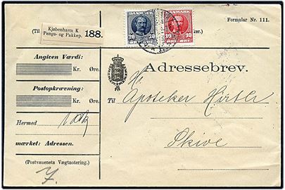 10 øre og 20 øre Fr. VIII på adressebrev for pakke fra Kjøbenhavn d. 13.11.1911 til Skive.