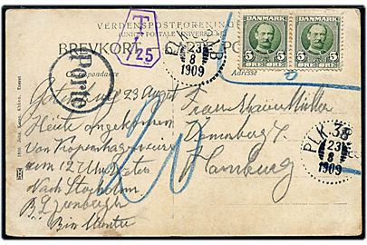 5 øre Fr. VIII i parstykke markeret ugyldig på brevkort (Lystbådehavnen) sidestemplet med svensk bureaustempel PLK 381B d. 23.8.1909 til Hamburg, Tyskland. Svenst portostempel T /25 og tysk stempel Porto.