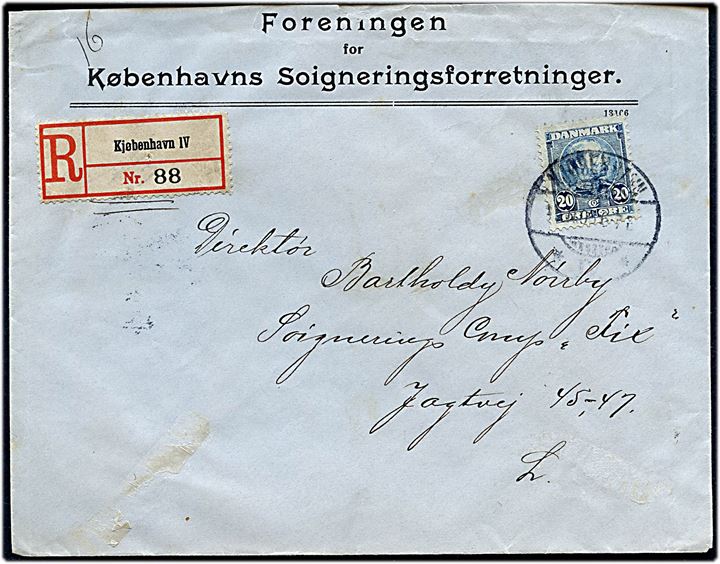 20 øre Chr. IX single på anbefalet lokalbrev i Kjøbenhavn d. 15.11.1906