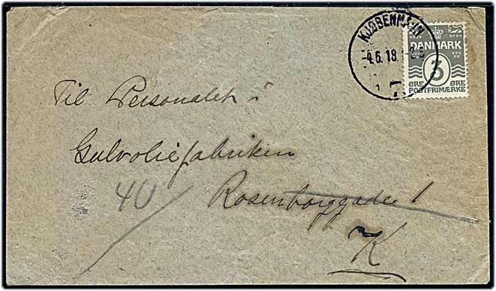 3 øre Bølgelinie single på lokal tryksag i Kjøbenhavn d. 4.6.1918.