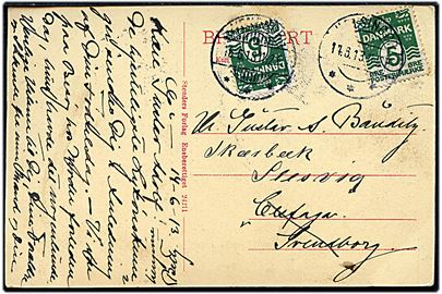 5 øre Bølgelinie på brevkort fra Helsingør d. 14.6.1913 til Svendborg. Privat opfrankeret til udenrigstakst og eftersendt fra Svendborg d. 16.6.1913 til Skærbæk, Nordslesvig