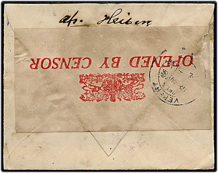 10 øre Chr. X i parstykke på brev fra Saxkjøbing d. 16.10.1916 til dansk missionær i Vepery, Madras, Indien. Påskrevet Via England og åbnet af indisk censur i Madras.
