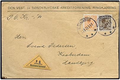 20 øre og 30 øre Chr. X på brev med postopkrævning fra Ringkjøbing d. 25.9.1924 til Handbjerg.