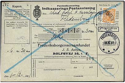 30 øre Chr. X single på retur Indkasserings-Postanvisning fra Kjøbenhavn d. 1.12.1921 til Fredensborg.