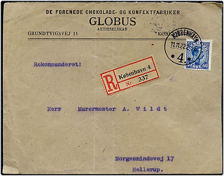 40 øre Chr. X single på lokalt anbefalet brev fra Kjøbenhavn *4.* d. 11.11.1922 til Hellerup.