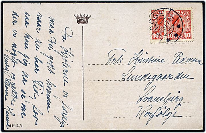 10 øre og halveret 10 øre Chr. X på provisorisk 15 øre frankeret brevkort fra Køge d. 16.4.1921 til Herfølge. Ikke udtakseret i porto.