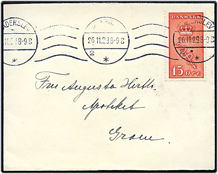 15+5 øre Kræftmærke på brev fra Haderslev d. 26.11.1929 til Gram.