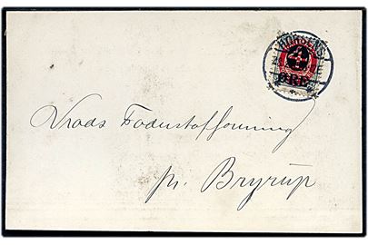 4/8 øre Provisorium single på tryksags-kort fra Horsens d. 28.2.1905 til Vrads Foderstofforretning pr. Bryrup.