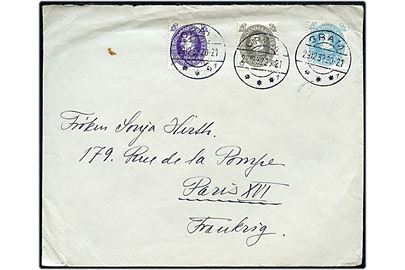 7 øre, 8 øre og 25 øre Chr. X 60 år på 40 øre frankeret brev annulleret med brotype IIc Gram sn1 d. 29.12.1932 til Paris, Frankrig.